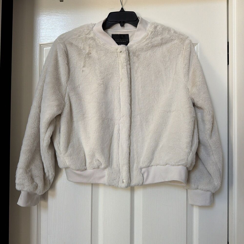 Sanctuary Faux Fur Zip-Front Lined Bomber Jacket Ivory Cream Size Large